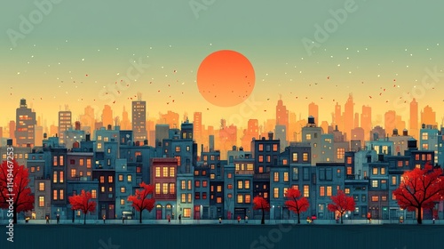 Wallpaper Mural Cityscape sunset, autumn leaves, illuminated buildings. Torontodigital.ca