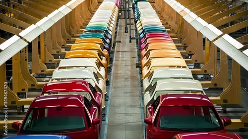 Rows of colorful autonomous vehicle exteriors being painted robotically with automated arms applying layers of ecofriendly paint in a synchronized manner. photo