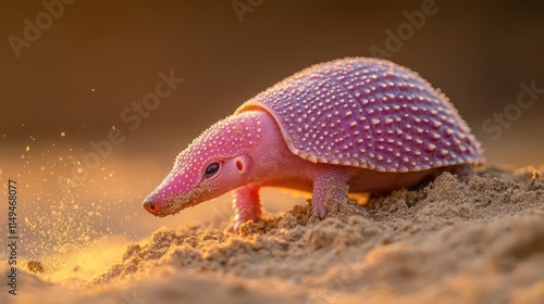 A pink fairy armadillo burrowing into sandy soil, its delicate pink shell contrasting with the golden-brown sand. Tiny grains of earth scatter around its tiny claws as it digs, showcasing its unique a photo