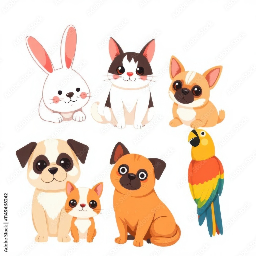 Fototapeta premium Vector illustration set of charming pets, featuring a variety of cats, dogs, birds, and small mammals. 