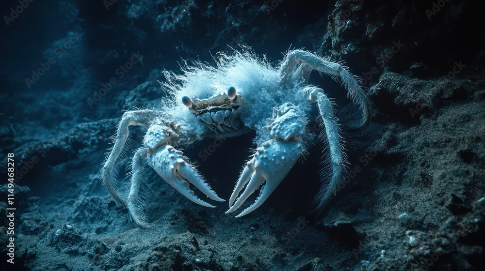 A Yeti crab perched near a hydrothermal vent on the ocean floor, its white, hairy claws glowing faintly in the ambient light. The rugged underwater terrain adds a sense of mystery and otherworldliness A Yeti crab perched near a hydrothermal vent on the ocean floor, its white, hairy claws glowing faintly in the ambient light. The rugged underwater terrain adds a sense of mystery and otherworldliness