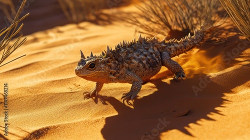 A thorny devil crossing a red desert, its spiny skin catching the harsh sunlight and casting intricate shadows on the sand. The stark, barren landscape emphasizes its resilience and unique adaptations photo