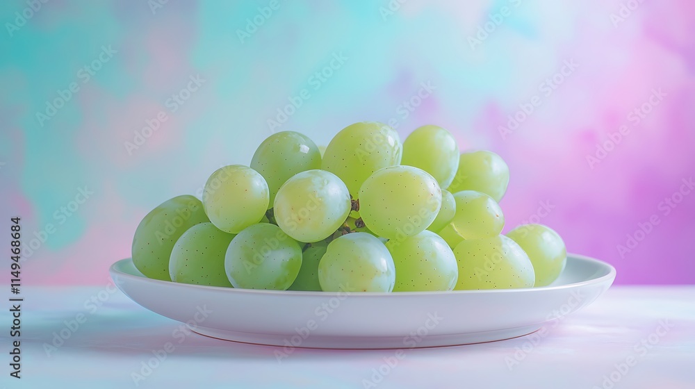 Fresh green grapes on a white plate against a pastel background. Fresh green grapes on a white plate against a pastel background.