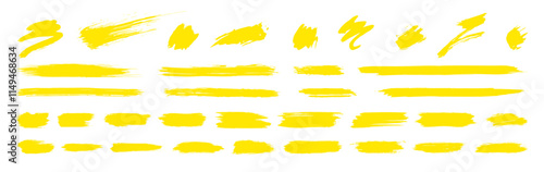 Yellow brush paint background strokes. Vector straight line splashes. Grunge ink paintbrush banner template. Abstract watercolor doodle strip shapes, underlines, highlights. Isolated acrylic swirl set