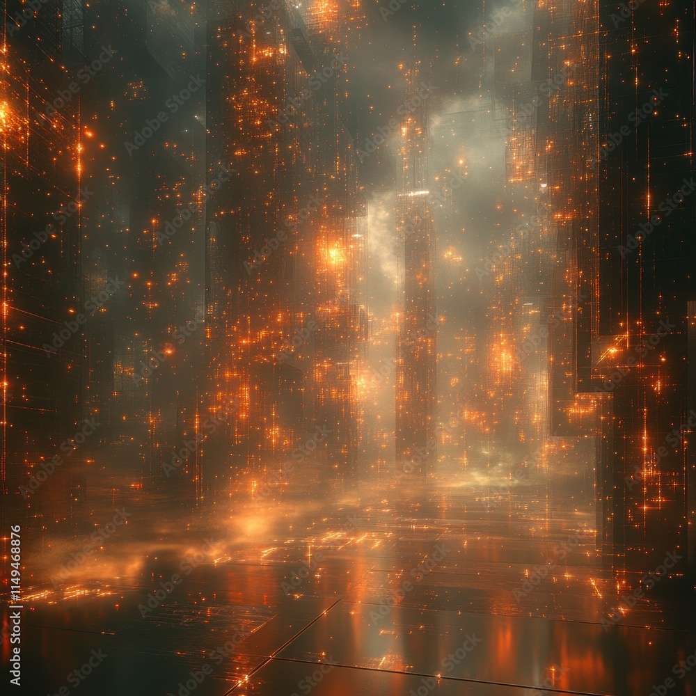 Glowing futuristic city at night, reflecting lights on wet ground. Glowing futuristic city at night, reflecting lights on wet ground.