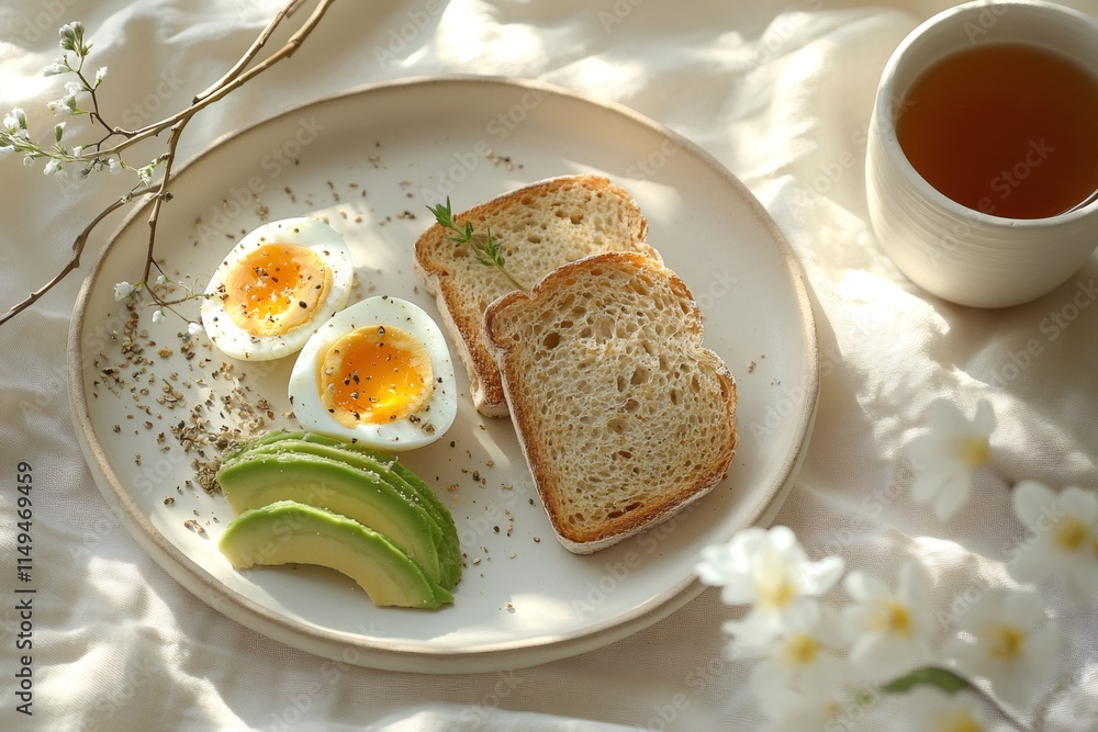 Healthy breakfast with boiled eggs, avocado, toast, and tea on beige tablecloth Healthy breakfast with boiled eggs, avocado, toast, and tea on beige tablecloth