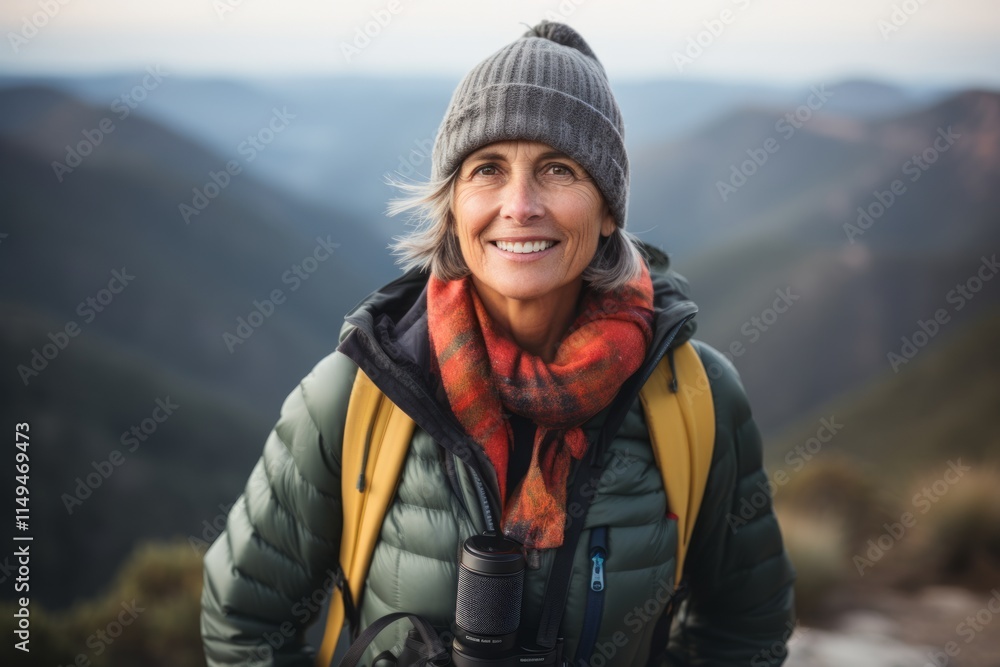 Portrait of smiling senior woman with backpack and binoculars in mountains Portrait of smiling senior woman with backpack and binoculars in mountains