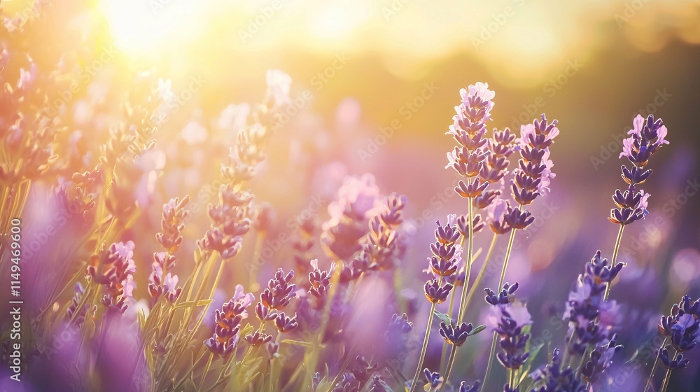 Naklejka premium A vibrant lavender field features endless rows of fragrant purple blooms gently swaying in the breeze, ideal for nature enthusiasts and photography lovers.