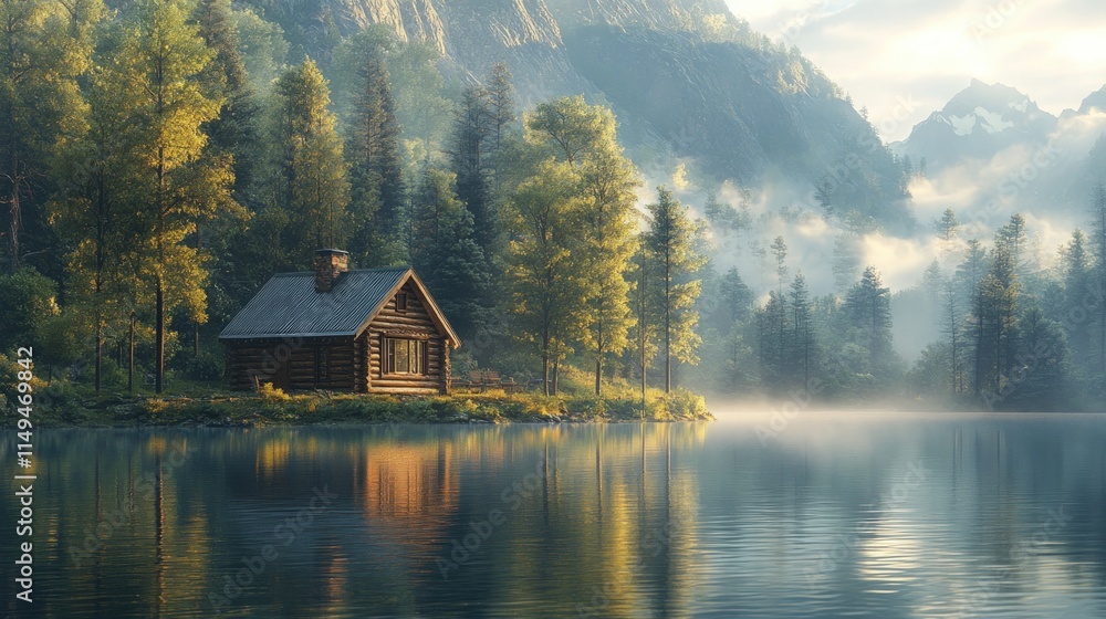 Fototapeta premium Secluded log cabin by tranquil lake, mountains.