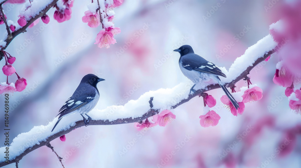 Two black birds perched on snowy branch with pink blossoms in winter Two black birds perched on snowy branch with pink blossoms in winter