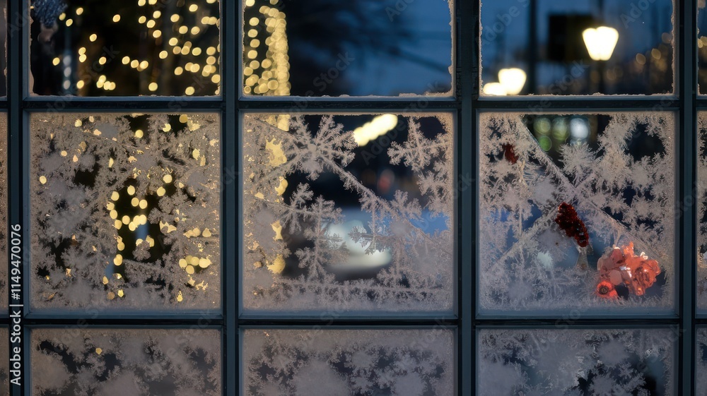 Fototapeta premium Frosty Winter Window Pane Lights And Decorations