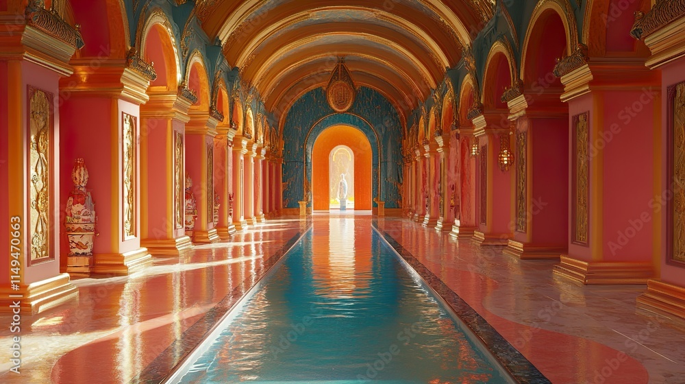 Obraz premium Opulent Palace Corridor with Reflecting Pool: A Dreamlike Interior