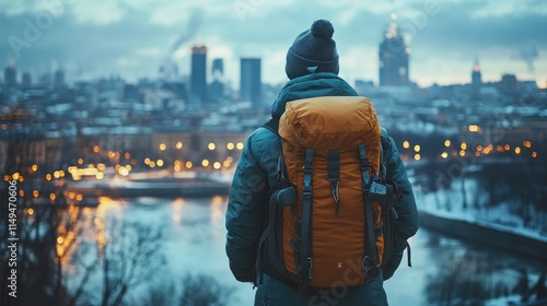 Traveler admiring vilnius skyline at dusk from hilltop viewpoint photo