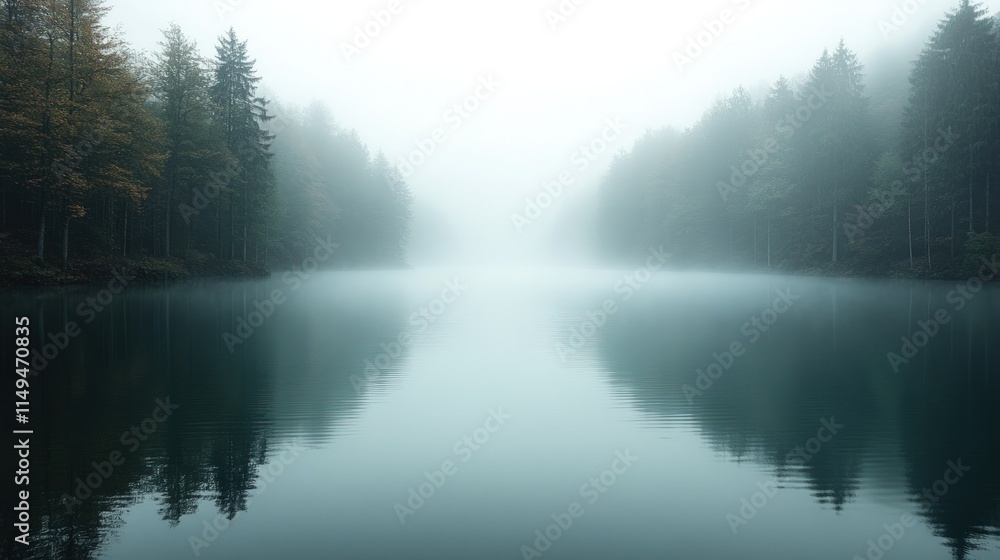 Misty lake, mirrored trees, tranquil scene. Misty lake, mirrored trees, tranquil scene.