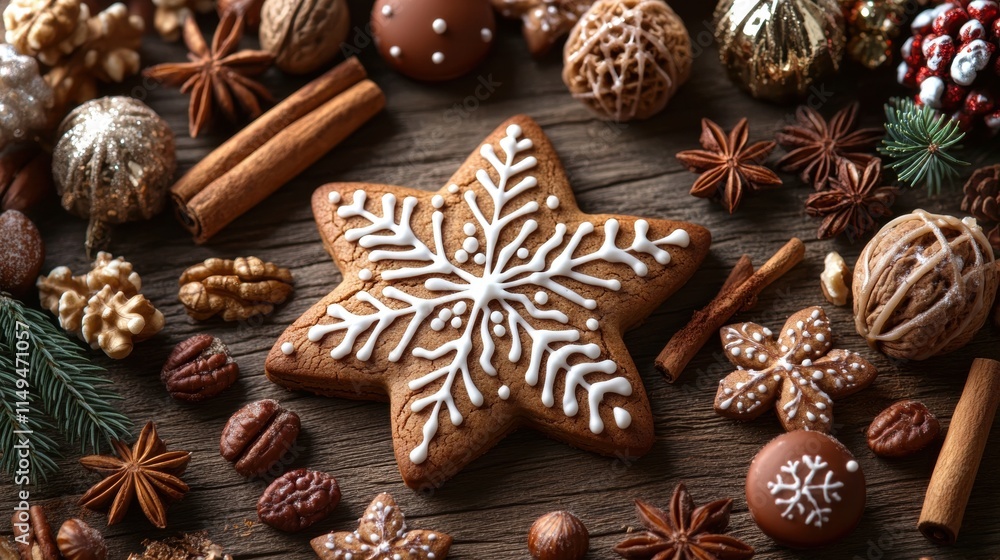 Fototapeta premium Christmas Gingerbread Cookies and Spices on Rustic Wooden Background
