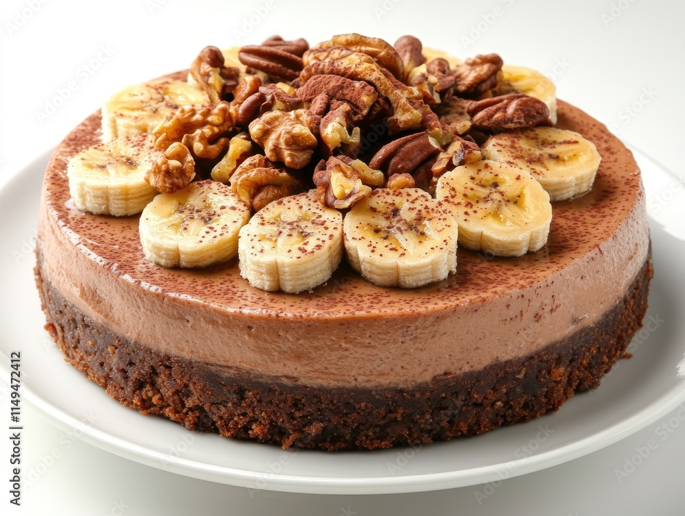 A delicious chocolate cheesecake topped with bananas and nuts, perfect for dessert lovers. A delicious chocolate cheesecake topped with bananas and nuts, perfect for dessert lovers.