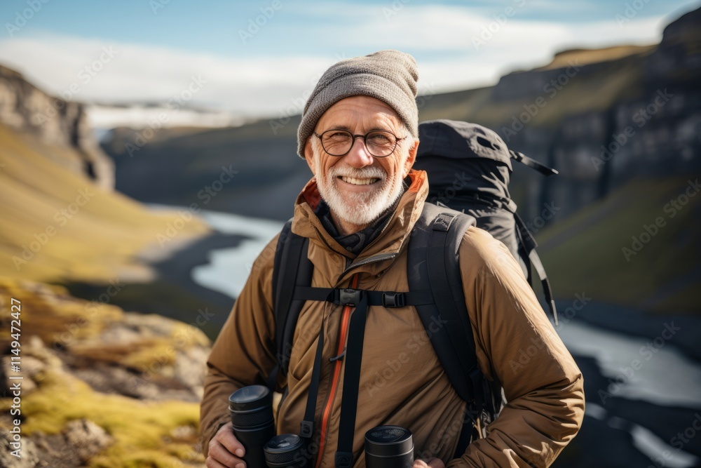 Senior man with backpack and binoculars hiking in Iceland. Travel and active lifestyle concept. Senior man with backpack and binoculars hiking in Iceland. Travel and active lifestyle concept.