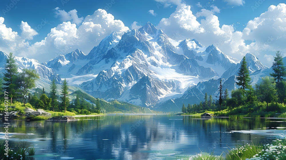 Fototapeta premium Mountain lake with a snow-capped backdrop