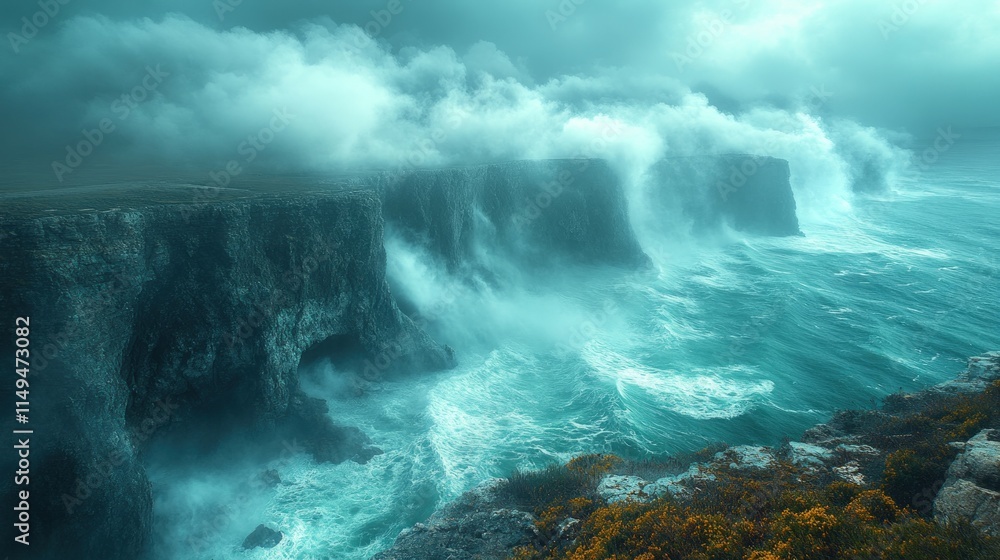 Dramatic ocean waves crashing against cliffs. Dramatic ocean waves crashing against cliffs.