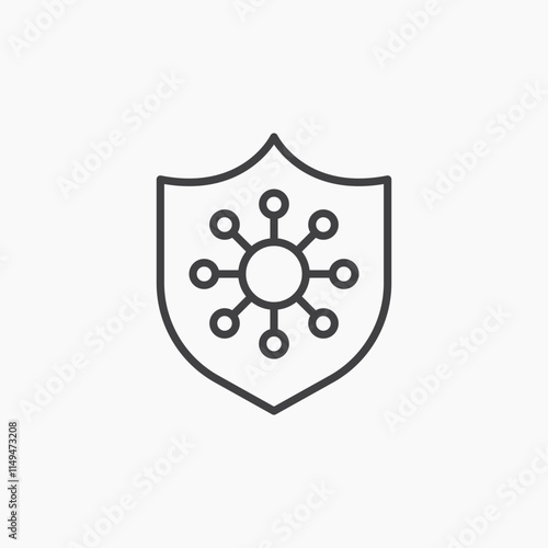 Virus protection shield thin outlined vector icon.