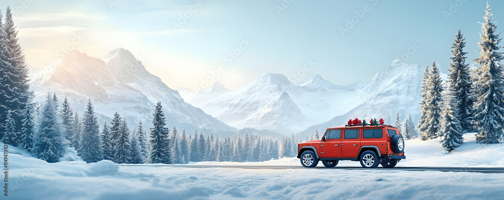 A red vehicle parked in a snowy landscape with mountains and pine trees. A red vehicle parked in a snowy landscape with mountains and pine trees.