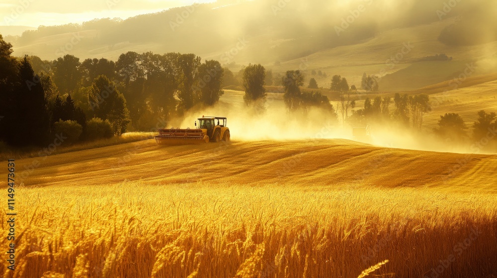 Fototapeta premium Vibrant Agricultural Machinery in Golden Field