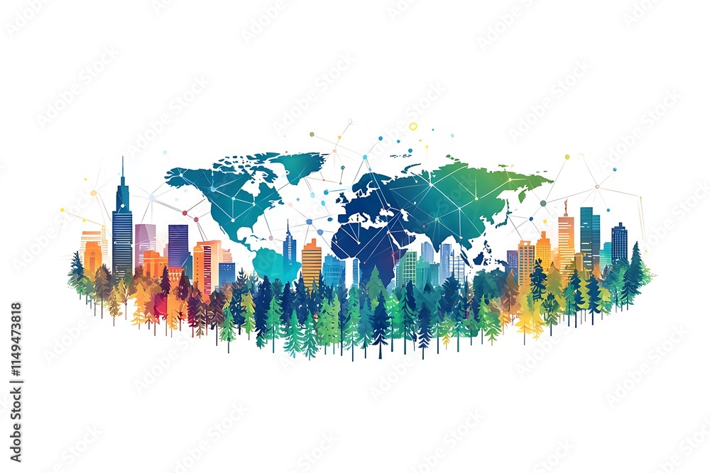 Fototapeta premium Global Network Connectivity A Colorful Abstract Illustration of Cities and Forests Connected Across the World.