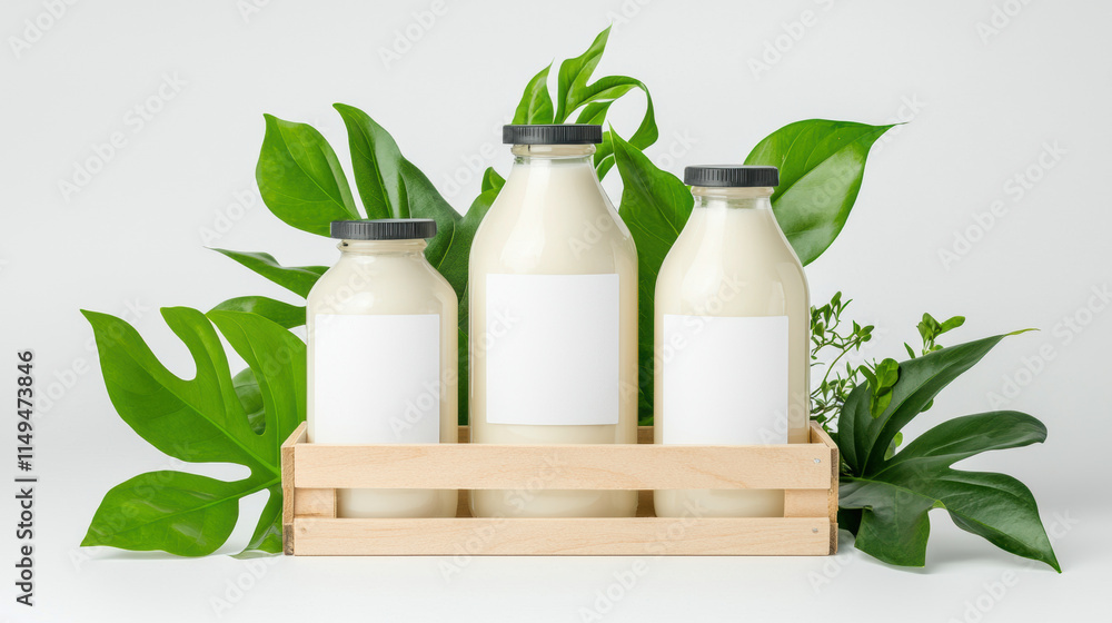 Fresh milk bottles arranged in wooden crate surrounded by green leaves, creating natural and organic feel. Perfect for promoting dairy products or healthy living Fresh milk bottles arranged in wooden crate surrounded by green leaves, creating natural and organic feel. Perfect for promoting dairy products or healthy living