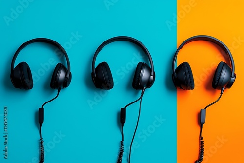 Three Black Headphones on a Vibrant Teal and Orange Background. photo