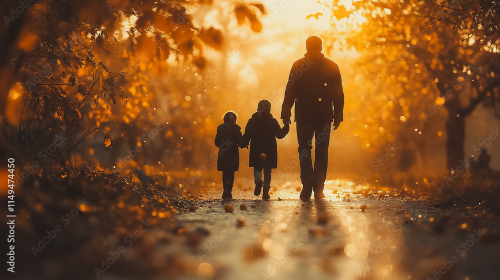 Fototapeta premium A man and two children are walking in a forest