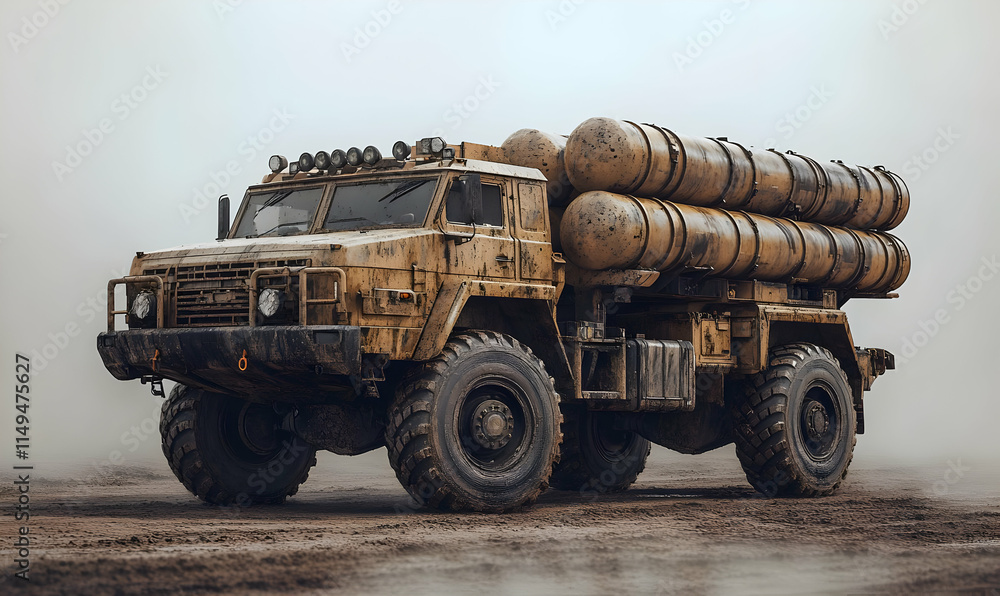 Obraz premium A rugged military vehicle equipped with multiple cylindrical containers for transport or launch.