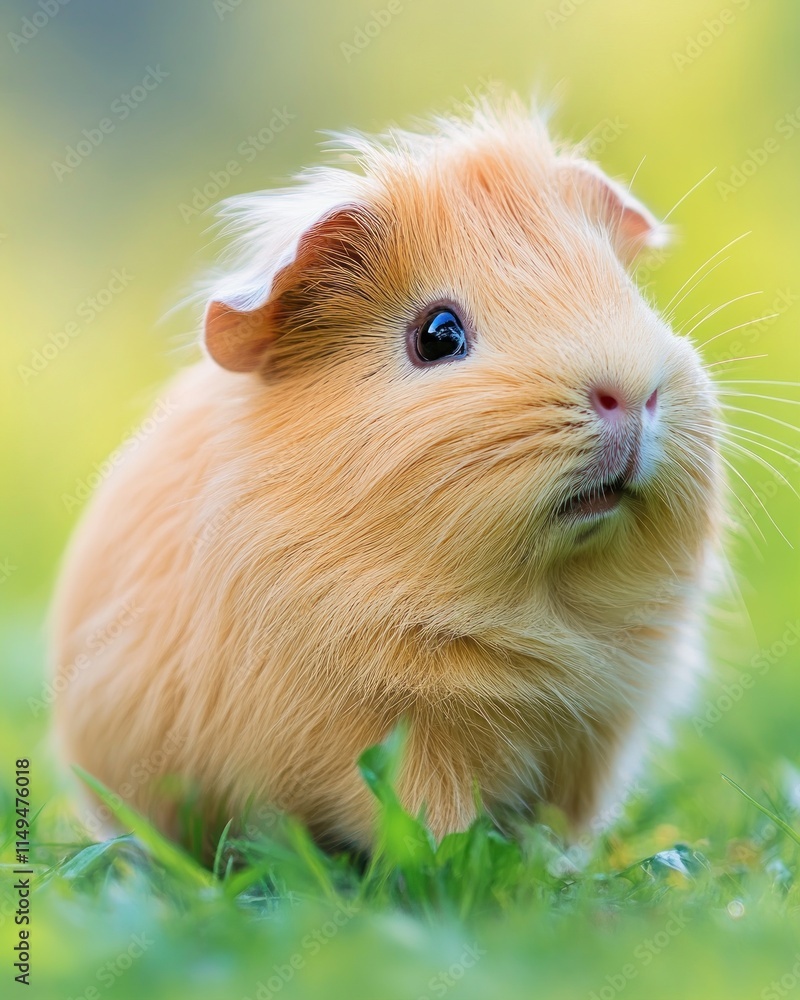 A cute guinea pig sitting on green grass, showcasing its fluffy fur and curious expression. A cute guinea pig sitting on green grass, showcasing its fluffy fur and curious expression.