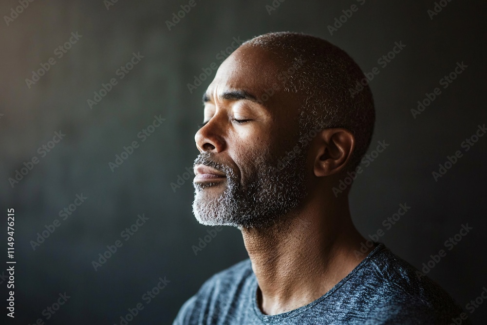 In a serene studio, a diverse man engages in mindfulness meditation, illuminated by soft lighting that enhances his focused demeanor and evokes tranquility. In a serene studio, a diverse man engages in mindfulness meditation, illuminated by soft lighting that enhances his focused demeanor and evokes tranquility.