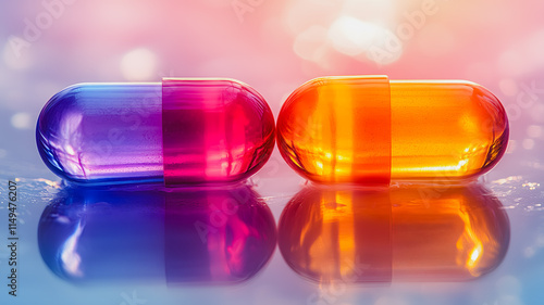 Two pills, one purple and one orange, are sitting on a blue surface. The pills are reflecting the light, creating a colorful and vibrant scene