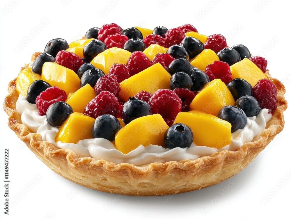 A colorful fruit tart topped with mango, blueberries, and raspberries on a creamy filling. A colorful fruit tart topped with mango, blueberries, and raspberries on a creamy filling.