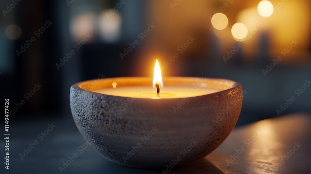 A single candle flame glows in a textured bowl A single candle flame glows in a textured bowl