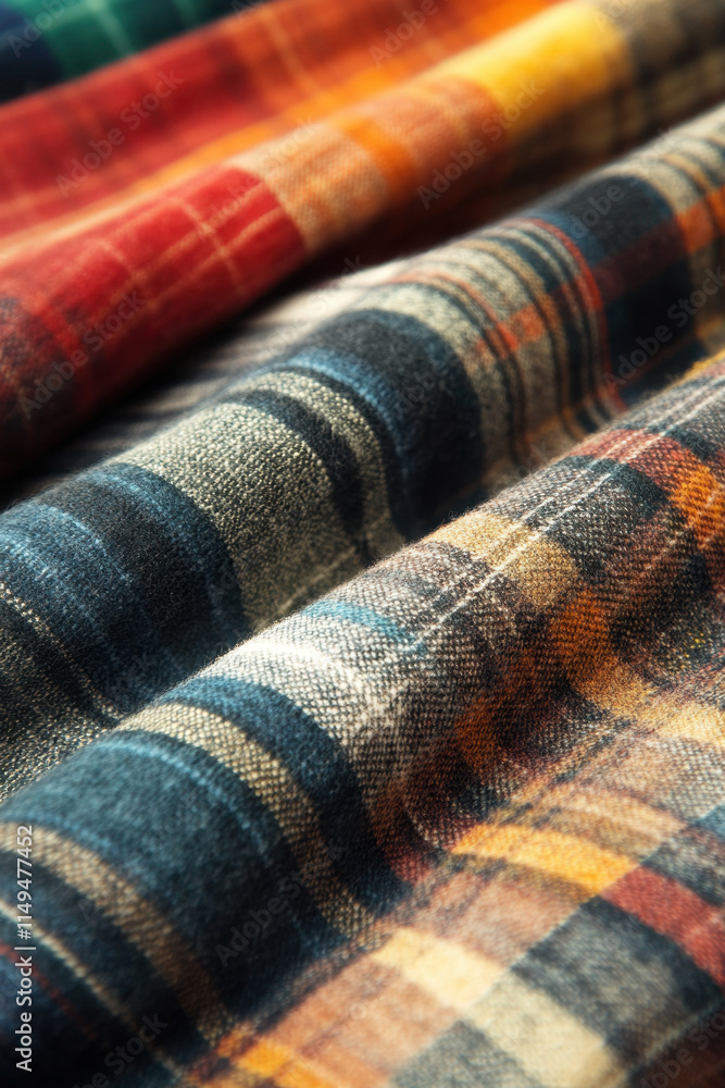 Close-up of vibrant, multicolored plaid fabric, showing detailed textures and patterns in autumnal hues. Close-up of vibrant, multicolored plaid fabric, showing detailed textures and patterns in autumnal hues.