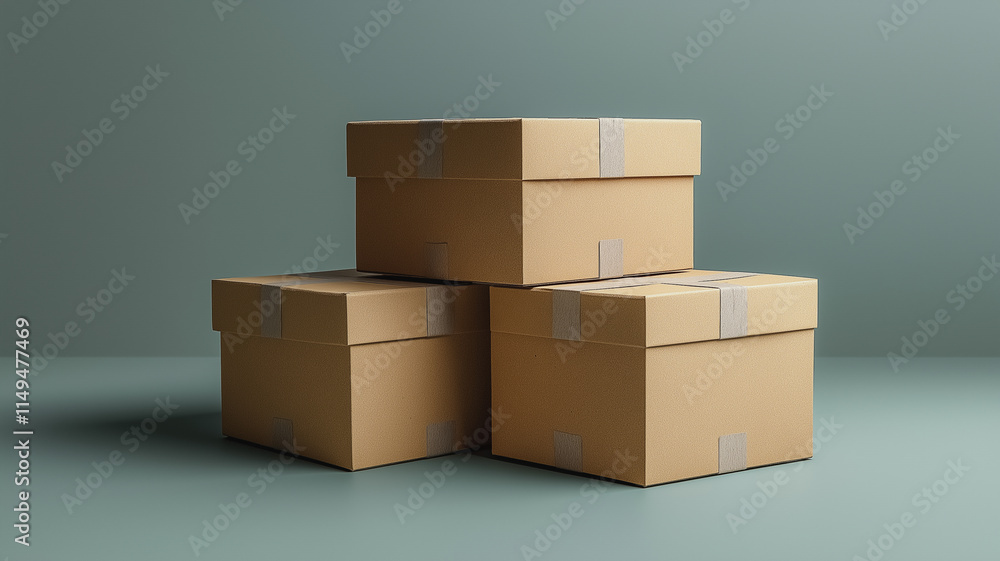 Three cardboard boxes stacked on top of each other. The boxes are brown and have white tape on them Three cardboard boxes stacked on top of each other. The boxes are brown and have white tape on them