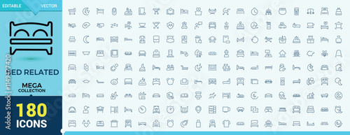 Bed icon set. Mega collections contains related to hospital, hotel, relax, bedtime, sleep, room, rest, motel. Simple icon designs. Editable vector icon and illustration.