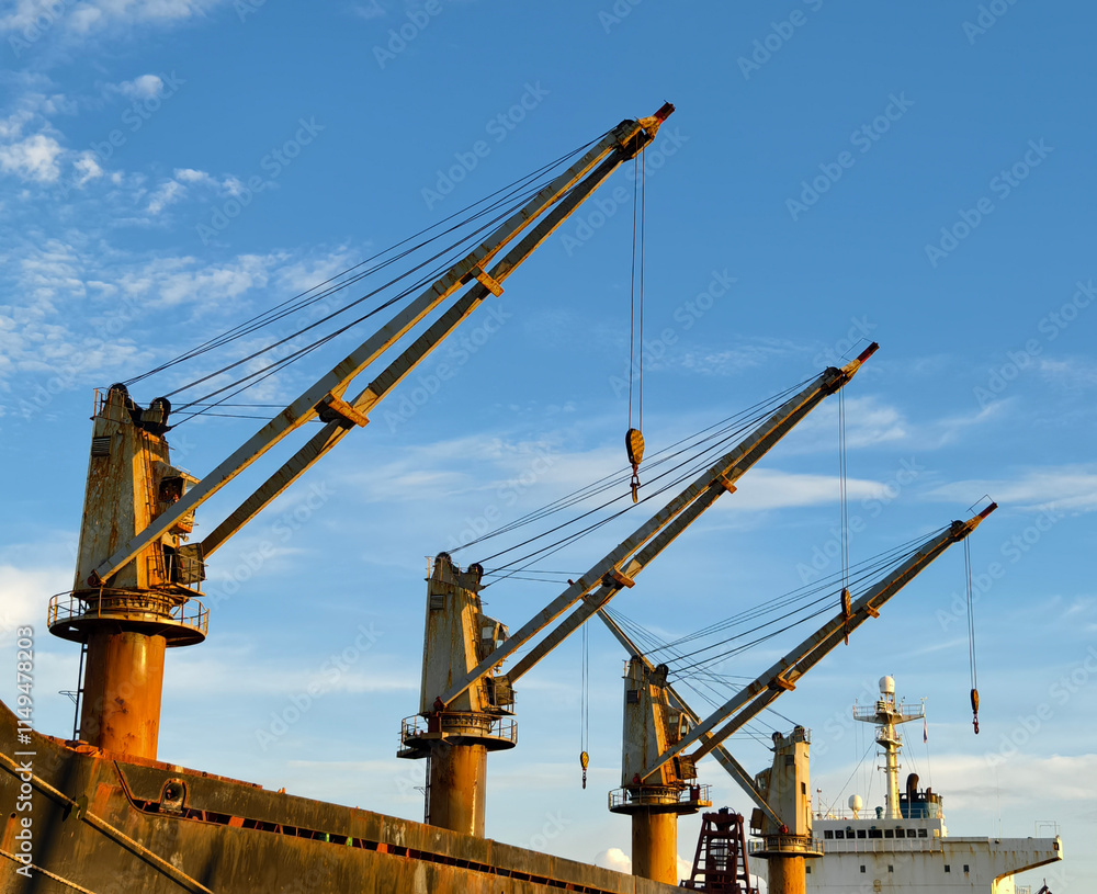 A large ship equipped with cranes mounted on its side A large ship equipped with cranes mounted on its side