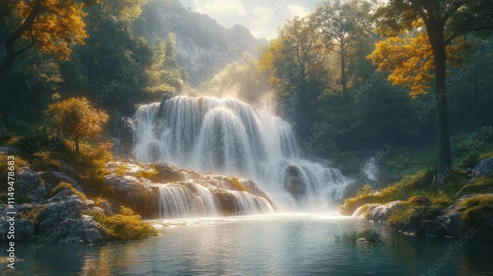 Serene waterfall cascading into tranquil pool, forest. Serene waterfall cascading into tranquil pool, forest.