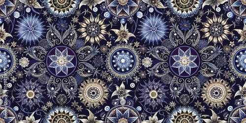 Intricate floral pattern with a deep navy background showcasing gold and blue hues.