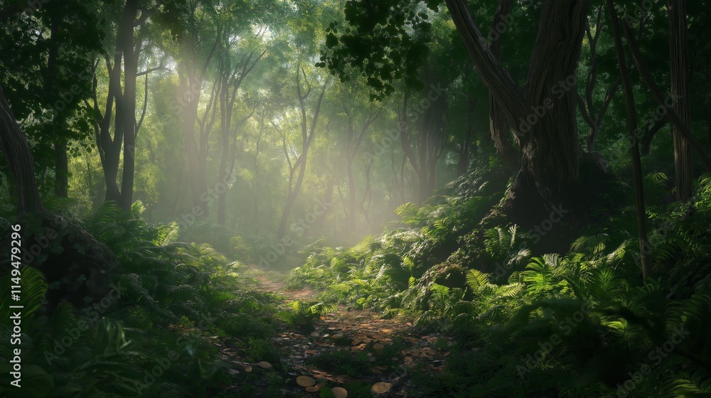 Obraz premium Sunbeams filtering through lush forest trees