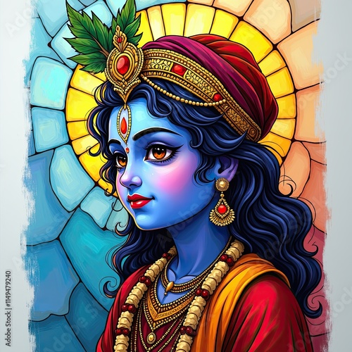 Stained glass-inspired sketch of Lord Krishna with colorful sharp outlines and vibrant sections gradually revealing a radiant divine figure in a translucent art style. photo