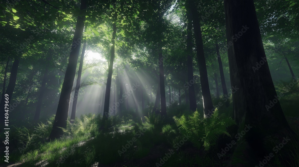 Obraz premium Sunbeams filtering through lush forest trees