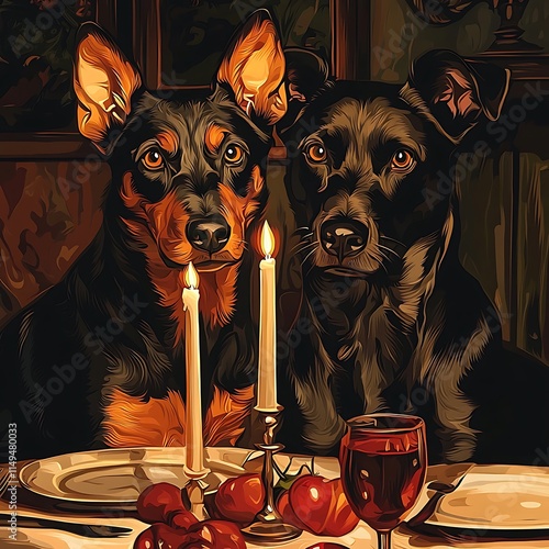 Two Doberman Pinschers Enjoying a Romantic Dinner by Candlelight. photo