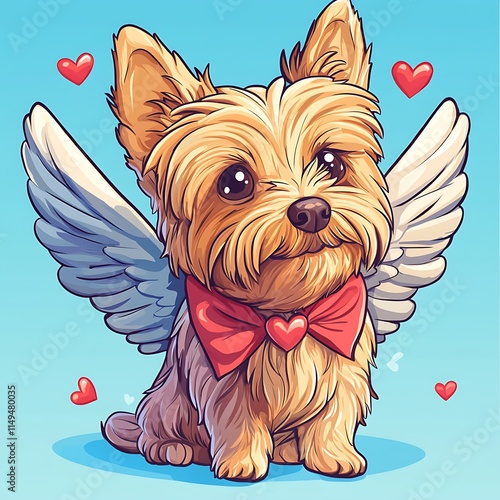 Adorable Yorkshire Terrier Puppy with Angel Wings and Red Bow, Valentine's Day Themed Cartoon Illustration. photo