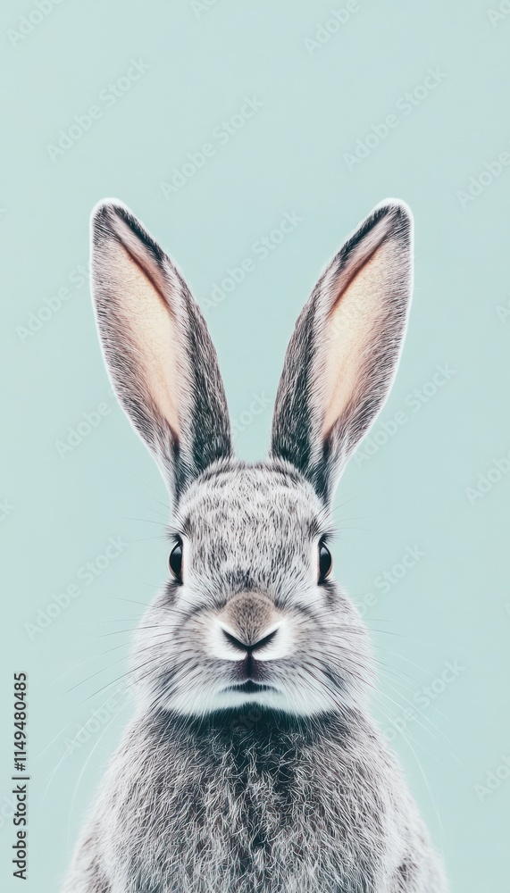 A close-up portrait of a rabbit against a light blue background. A close-up portrait of a rabbit against a light blue background.