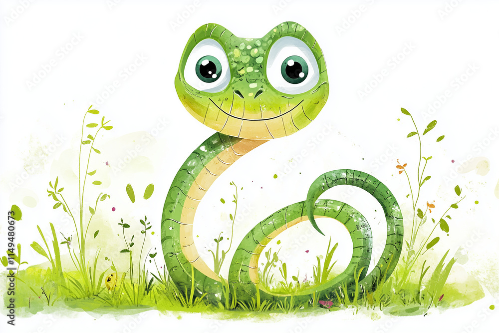Fototapeta premium A cute cartoon snake character with a playful expression, surrounded by lush grass. The bright and colorful style gives the design a cheerful and lively feel, perfect for conveying fun, innocence, and