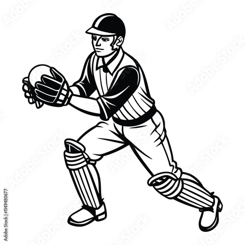 wicket keeper making a catch on white background